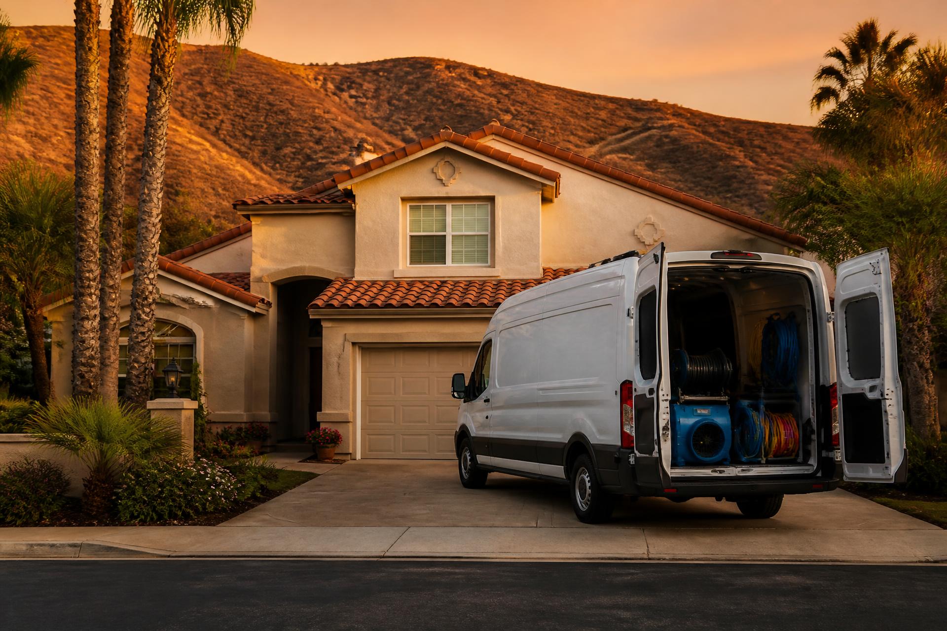 1st Action Restoration response van outside a Southern California home